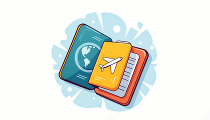 Colorful travel passports with globe and airplane icons, vacation planning