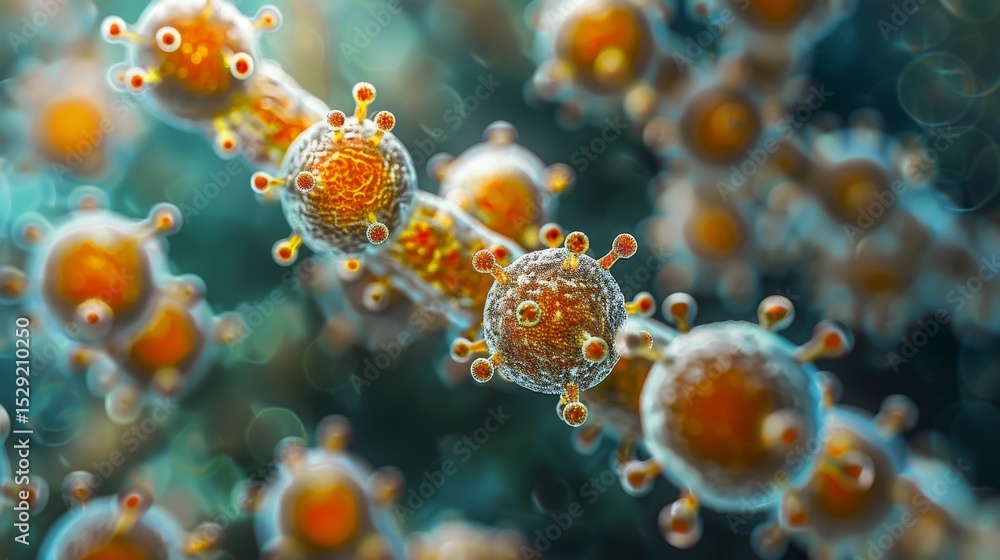 Poster an intricate microscopic image showing spherical virus particles with spikes, representing the compl
