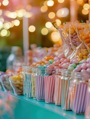 Easter candy buffet with glass jars and striped paper bags bokeh lights
