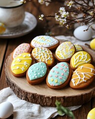 Easter cookies decorated with royal icing patterns rustic wooden table setting