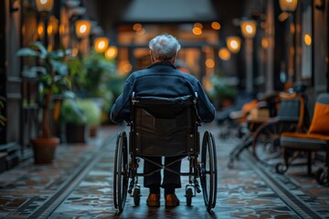Obraz premium A poignant moment captured of an elderly individual in a wheelchair, alone in a softly lit hallway, embodying the themes of aging, reflection, and the journey of life.