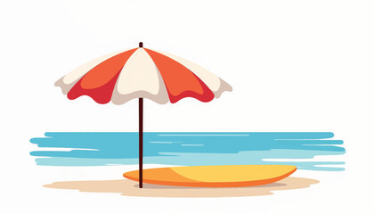 Beach umbrella and surfboard on shoreline, summer relaxation