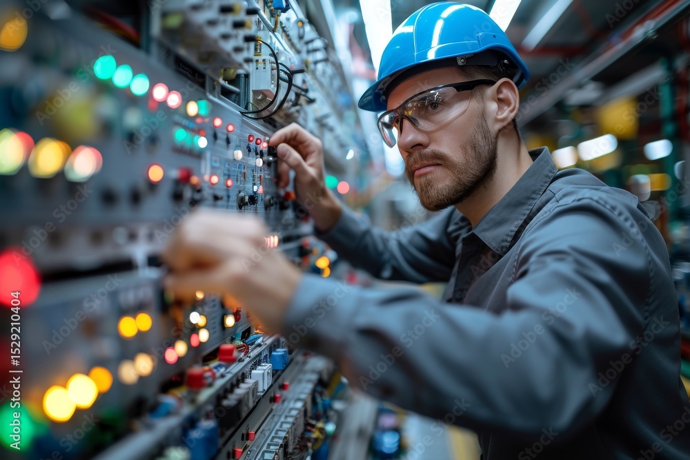 Aufkleber an engineer carefully adjusts controls on a complex panel, symbolizing concentration and technical e
