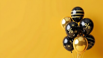 Black Friday Sale Celebrate Discounts with Gold and Black Balloons, Festive Savings, Special Offers, Percentage Off, and Holiday Deals.