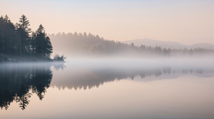 Fototapeta premium Light Rain Over Still Lake with Tree Reflections