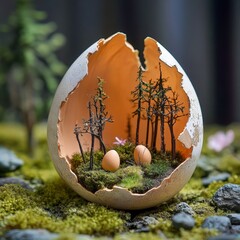 Easter egg diorama showing miniature spring forest scene inside broken shell surreal macro view