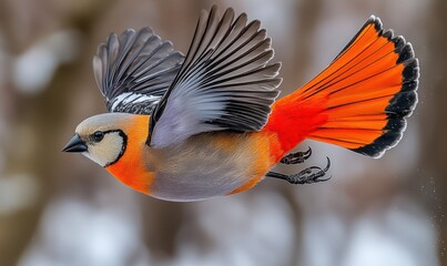 A vibrant bird in flight, showcasing striking orange and gray plumage