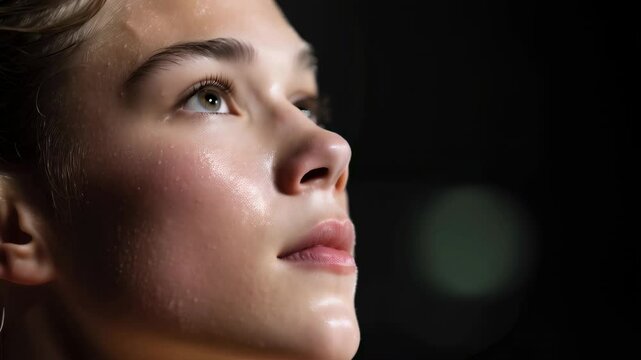 Close-up of a young female ballet dancer, sweaty skin, slightly parted lips, eyes focused and proud, stage makeup slightly faded, side lighting from stage reflecting on cheekbones