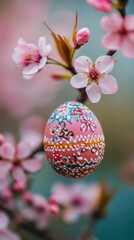 Easter egg tree decorated with handpainted ornaments cherry blossoms in background shallow depth of field