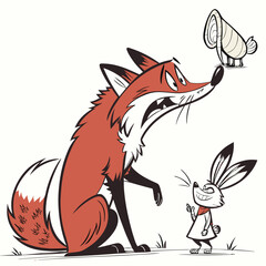 Obraz premium Cartoon fox and rabbit interacting with a fish in a whimsical style 