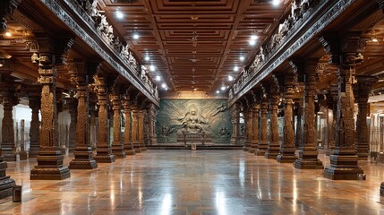Fototapeta premium Intricate Wooden Pillars Ancient Temple Hall Indian Architecture Richly Carved Brown Wood Detailed Design Traditional Religious Shrine Cultural Heritage South 