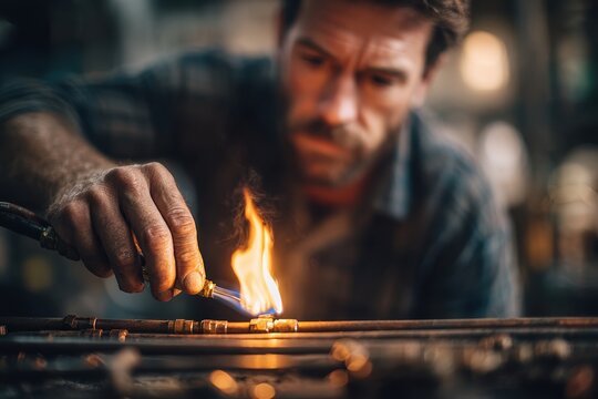 Focused craftsman skillfully soldering metal pipes with a blowtorch in a workshop, creating a bright flame while wearing a casual shirt for an industrial project.
