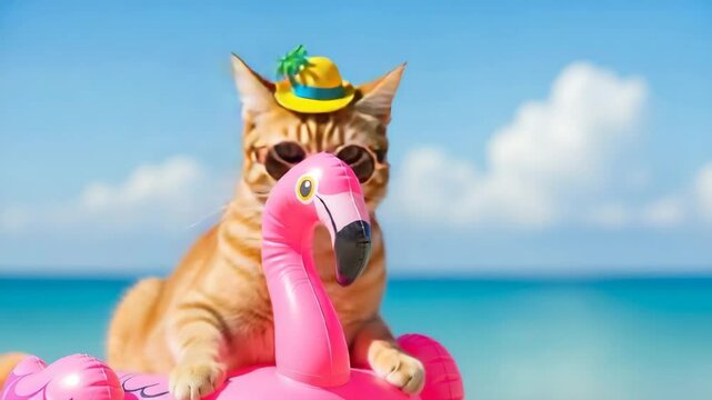 Cat in beachwear with flamingo floaty enjoying summer