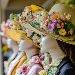 Easter parade hats decorated with spring flowers line of faceless mannequins
