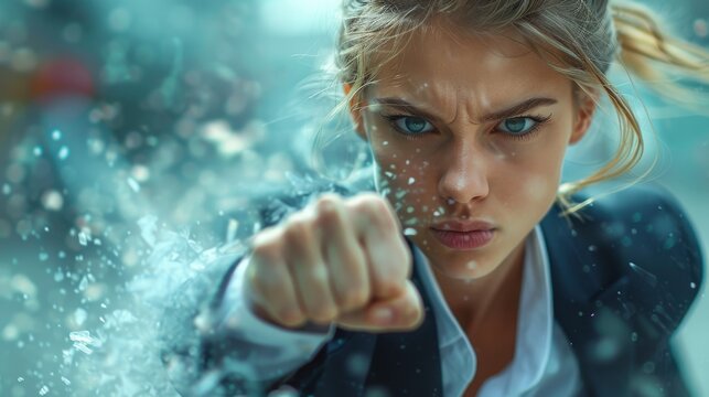 An intense woman, embodying determination, exudes strength and confidence, with a powerful pose that conveys resilience and the modern spirit in a striking urban environment.