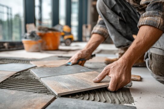 Close up of a worker carefully laying ceramic tiles on a floor, ensuring proper placement and alignment in a home renovation project, achieving a professional finish.