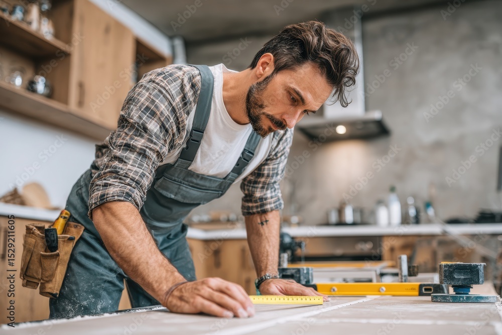 Aufkleber focused carpenter in overalls measures a board in his workshop with attention and precision, prepari