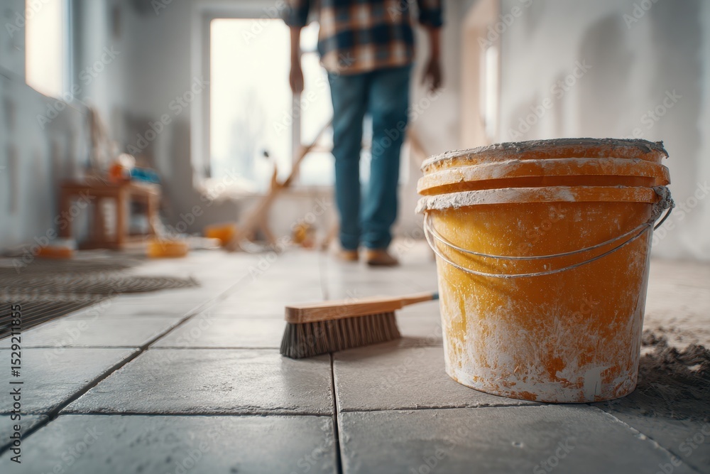 Aufkleber close-up of a bucket and brush on newly tiled floor during home renovation project, focus on the for