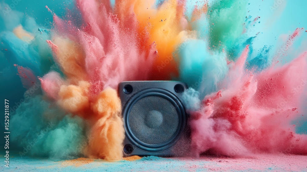 Aufkleber a dynamic and colorful explosion of powder dust bursts from a speaker, creating an energetic atmosph