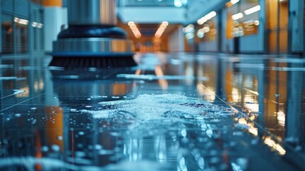 A captivating view of a wet, glossy floor in a modern hallway, showcasing soap bubbles glistening in the light, adding an artistic touch to an everyday scene.