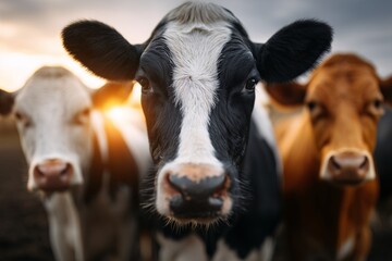 Cows standing in field at sunset, Black and white cow close-up outdoors, Rural agriculture and dairy farming concept