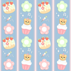 Bears Cupcake flowers cake on Fabric pattern , pink  lines pattern, gift wrapping paper , seamless pattern 