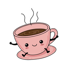 Coffee clip art of pink cup mascot, cheerful and steaming, flat cartoon art for café or product designs