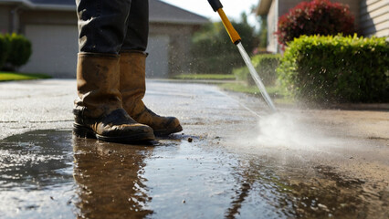 Pressure washing driveway. Close up on water splash and worker in worker boots cleaning driveway with pressure washer.	
