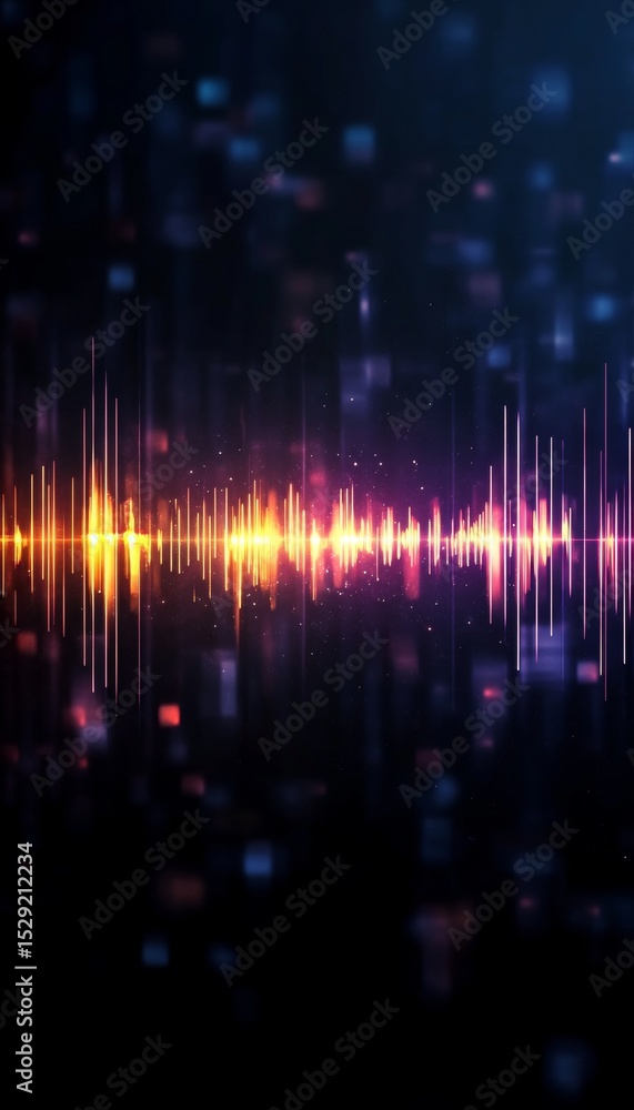 Poster abstract sonic visualization with orange neon spectrum on dark backdrop and glittering waves