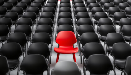 Obraz premium Red chair stands out among many black chairs in neat arrangement, symbolizing uniqueness and focus in calm setting