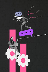 3D collage design sketch of coghweek text mind bubble speech sms chatting message young lady sit work laptop finger point man run scream