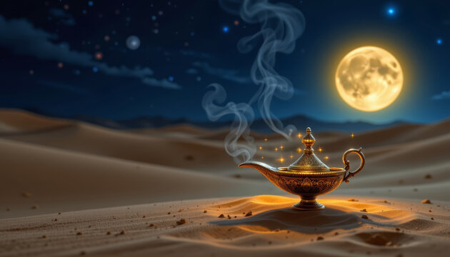 Ethereal genie lamp resting in desert sand under full moon with magical smoke and glowing sparkles at night - Powered by Adobe