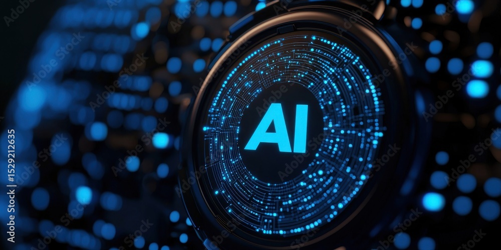 Poster digital representation of artificial intelligence with glowing blue circuitry surrounding 