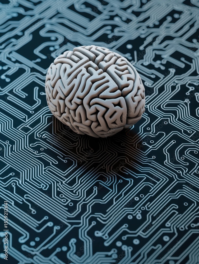 Poster agentive ai concepts. a 3d brain model sits atop a complex printed circuit board, symbolizing the fu