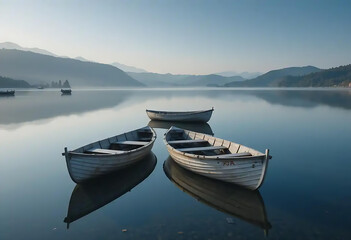 Naklejka premium Old wooden fishing boat on the calm blue lake at sunset
