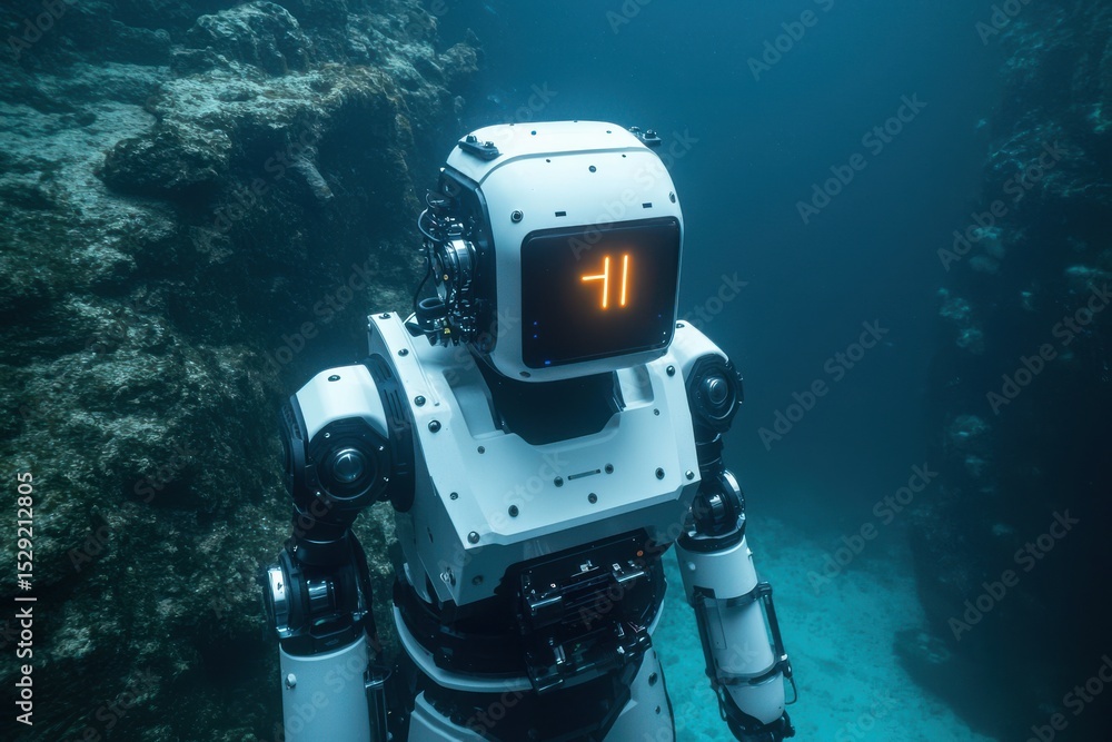 Poster a humanoid robot explores an underwater rocky environment, displaying a digital face with a glowing 