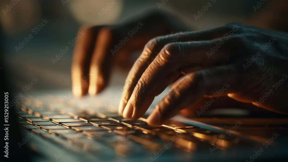 Poster close-up of hands typing on a laptop keyboard with warm lighting reflecting off the keys.
