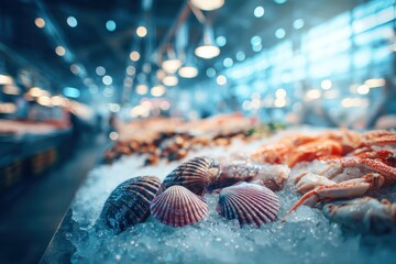 Fresh seafood assortment on ice display, featuring scallops, crabs, and fish fillets, beautifully illuminated with a cool, inviting light to enhance visual appeal.