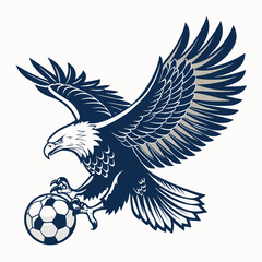 Design a dynamic logo a majestic eagle, wings outstretched, powerfully clutching a soccer ball mid-flight.