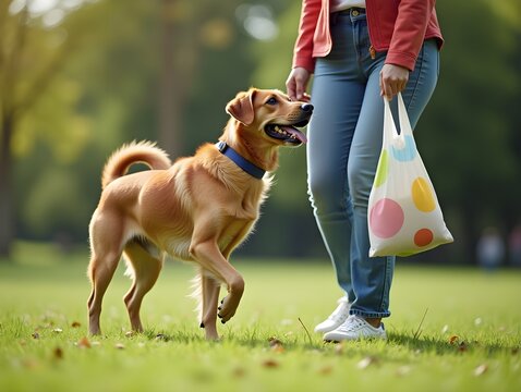 Pet owner picking up dog waste with colorful biodegradable bag during a walk in the park. Concept of responsible pet care, cleanliness, and outdoor etiquette.