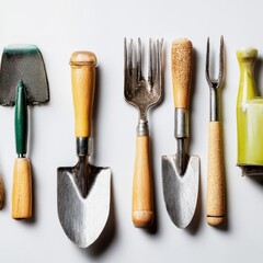 ecofriendly garden tools made from recycled materials symbolizing sustainable gardening isolated