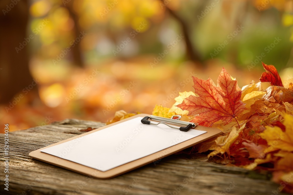Poster autumn leaves background with a clipboard on a rustic wooden table, surrounded by fall foliage and a