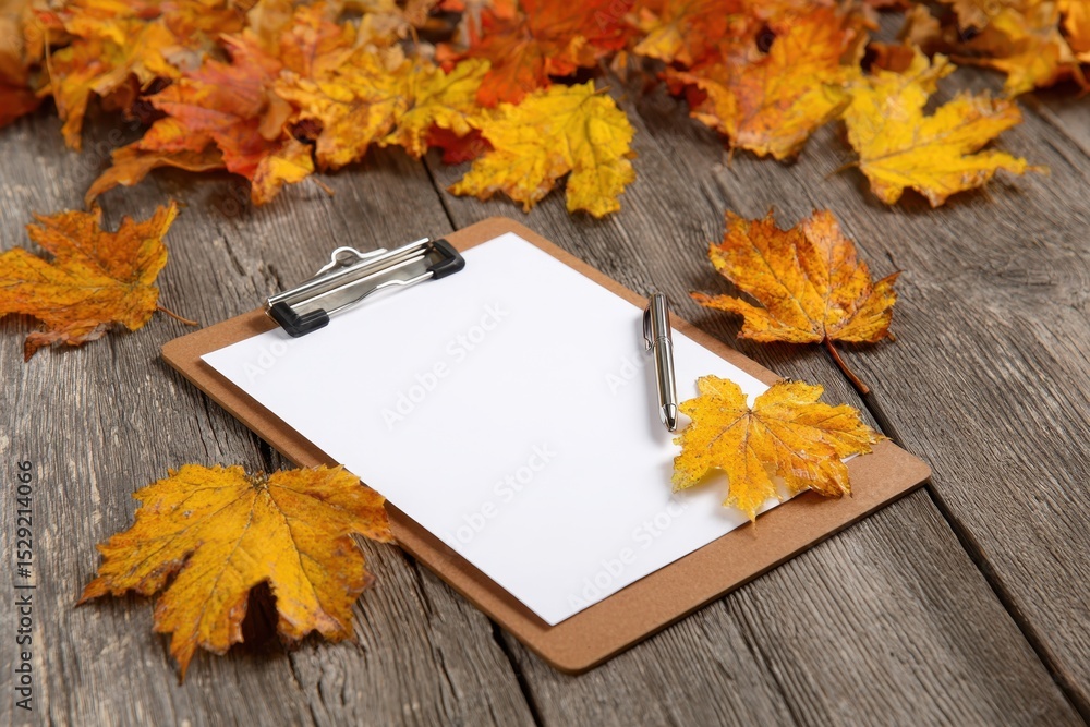 Poster autumn composition featuring a clipboard with blank paper and maple leaves, presenting a rustic wood