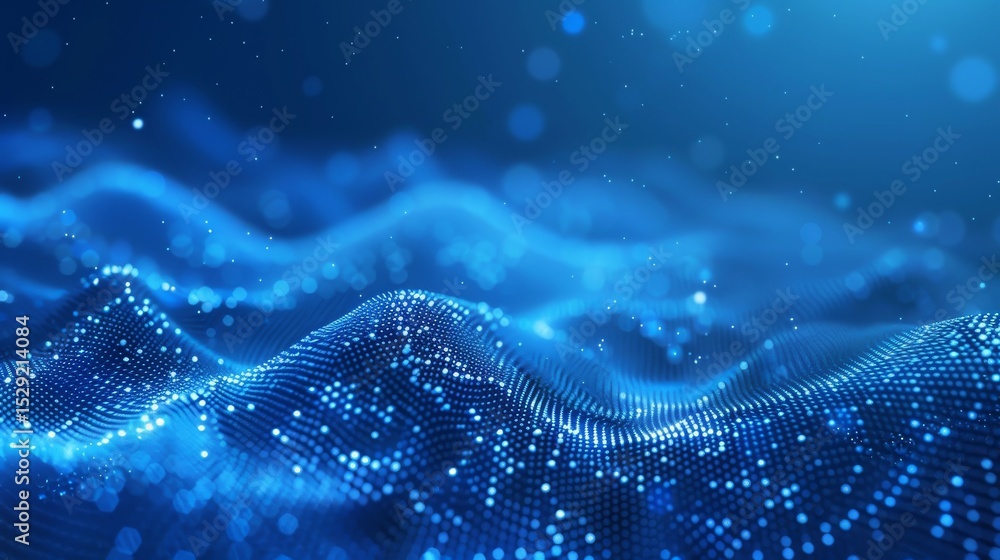Aufkleber an artistic digital composition presenting a flowing abstract wave made of blue light particles, evo