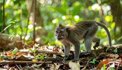 Obraz premium Macaca fascicularis foraging in a tropical forest setting habitat scene