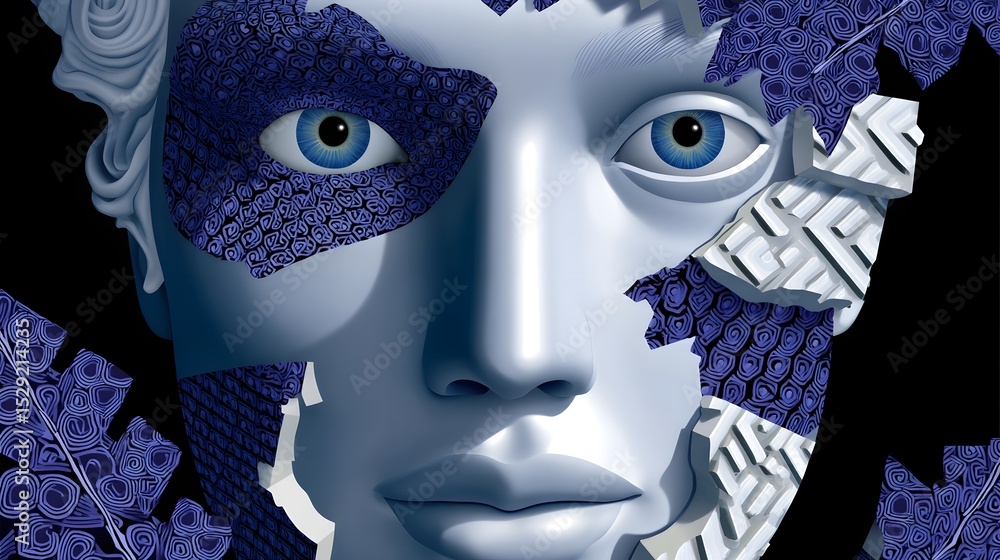 Poster ethereal face with fragmented geometric patterns, symbolizing the complexities of human identity