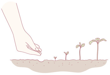 An illustration of a hand planting seeds in nourishing soil, symbolizing growth and nurturing in a vibrant ecosystem