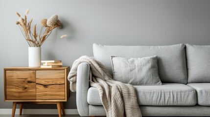 A stylish living room featuring a gray sofa paired with warm wooden accents, soft blankets, and tasteful decor that creates a cozy and inviting atmosphere for relaxation.