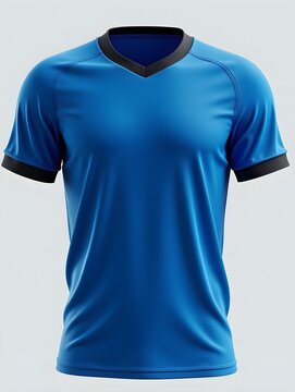 Blue and black v neck t shirt template. Fabric texture pattern. Jersey mockup for sport uniform on plain background.