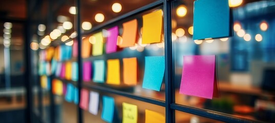 Creative Brainstorming Session with Colorful Sticky Notes on Glass Window for Innovative Ideas